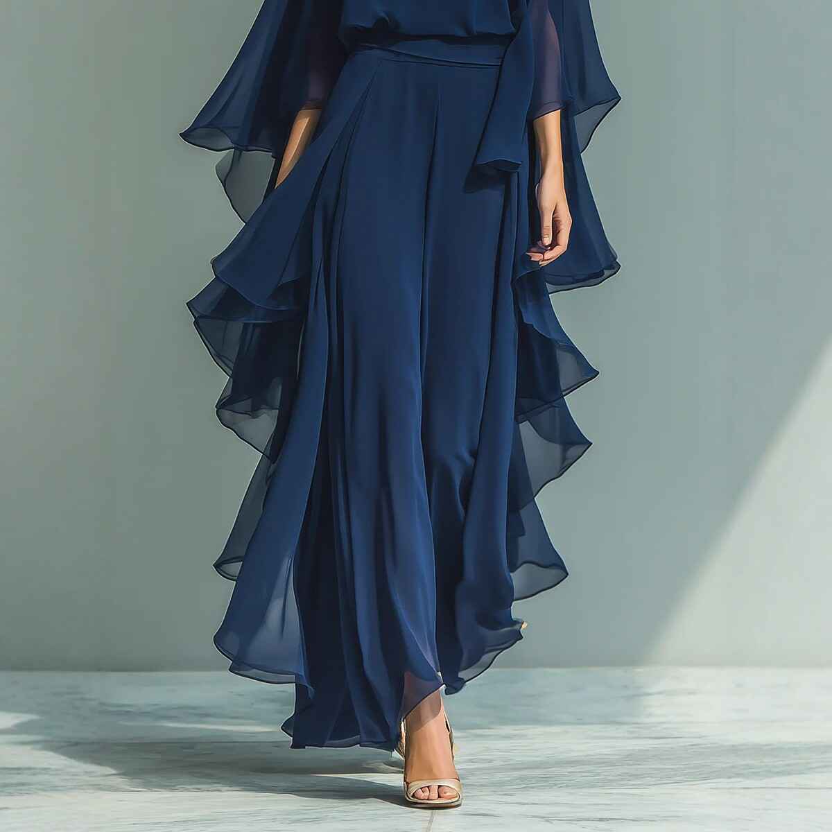 Deep Blue Ruffle Wide-Leg Pants Set for Women, Fashion Elegant Two-Piece Long Sleeve Casual Pants - MODALIFE