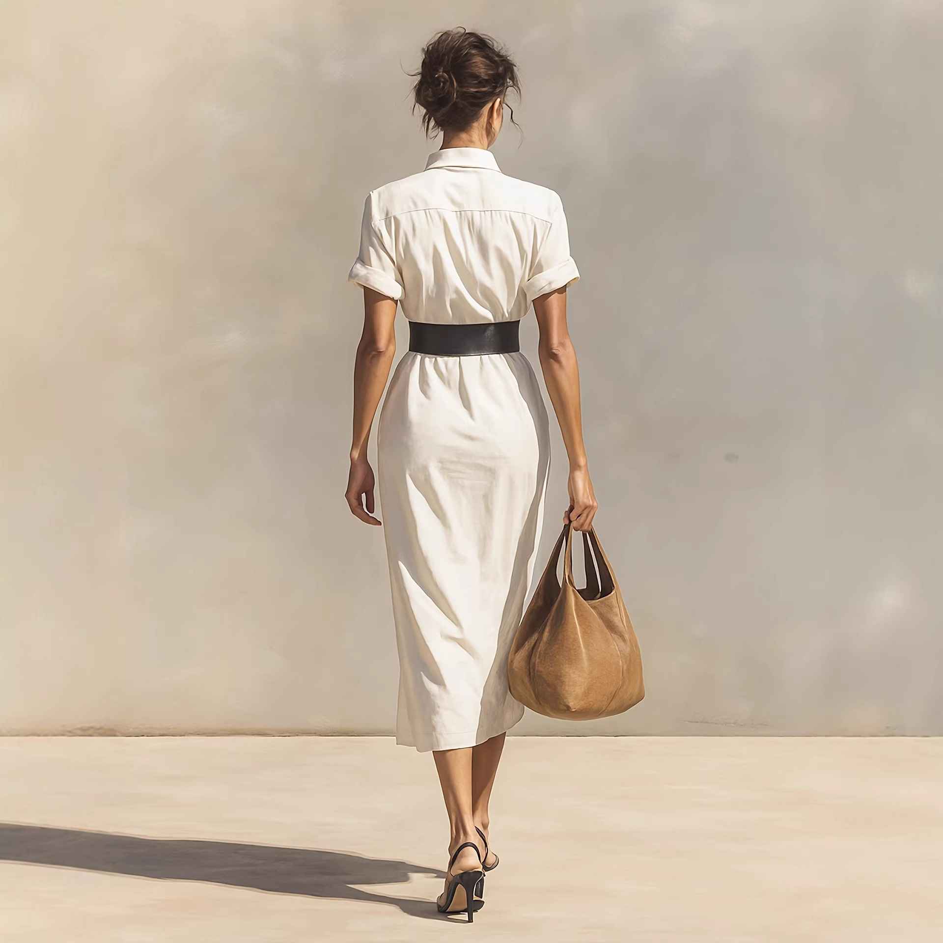 Solid color waist folded shirt long dress - MODALIFE