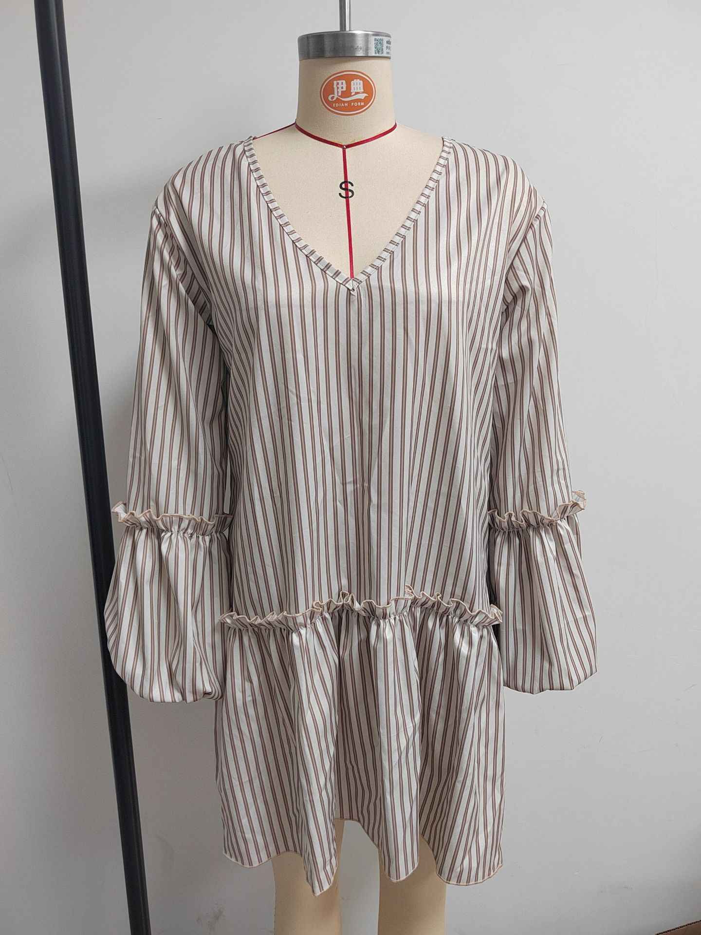 Style Autumn New Women's Long Sleeve Dress Stripe Print V-Neck Lantern Sleeve Loose Mini Dress - MODALIFE