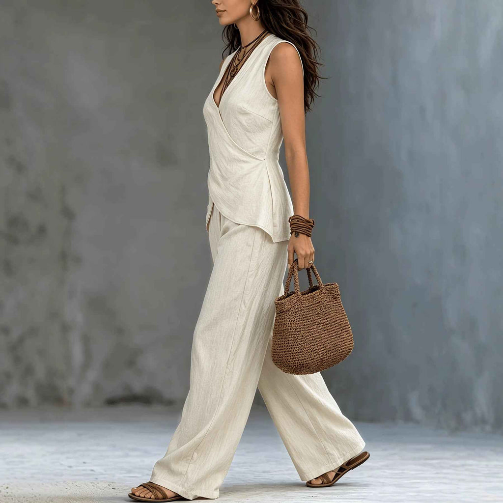 Sleeveless V-neck waist cinched top paired with wide leg pants set - MODALIFE