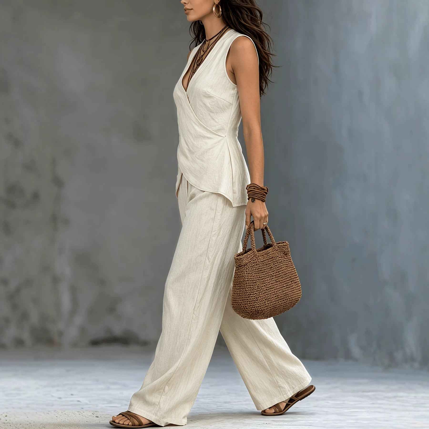 Sleeveless V-neck waist cinched top paired with wide leg pants set - MODALIFE
