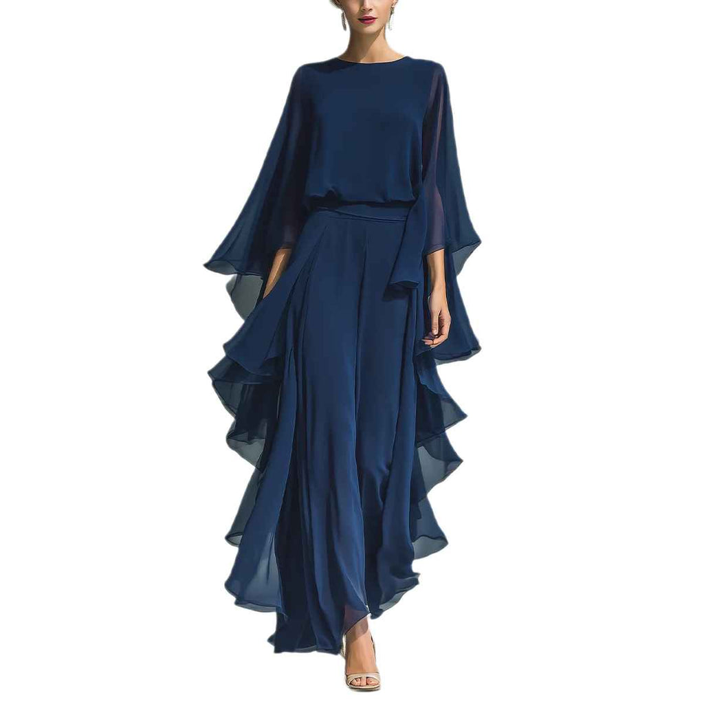 Deep Blue Ruffle Wide-Leg Pants Set for Women, Fashion Elegant Two-Piece Long Sleeve Casual Pants - MODALIFE