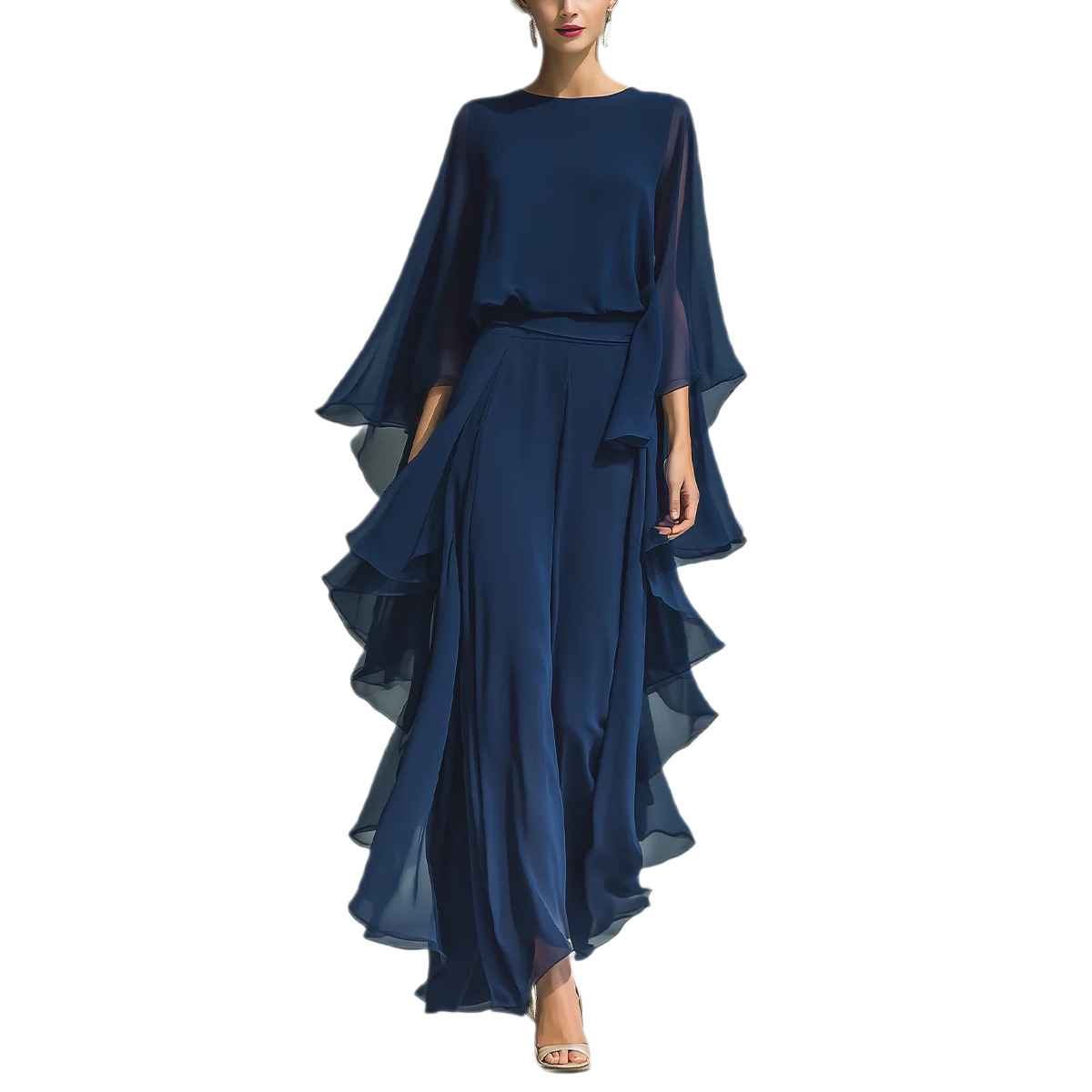 Deep Blue Ruffle Wide-Leg Pants Set for Women, Fashion Elegant Two-Piece Long Sleeve Casual Pants - MODALIFE
