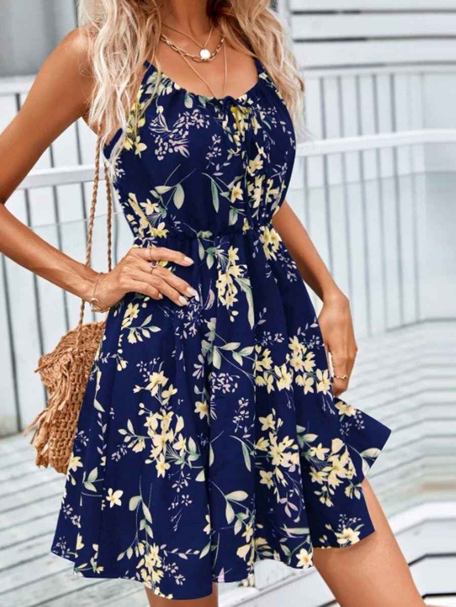 Elegant Sleeveless Printed Dress with Elastic Waist and Straps for Women - MODALIFE