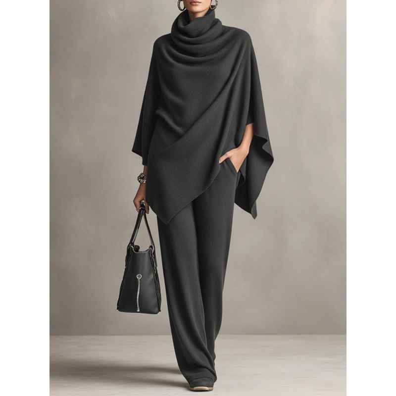 Autumn and Winter German Velvet Pile Collar Cloak Top+Wide Leg Pants Two Piece Set - MODALIFE