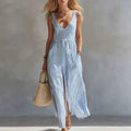 Fresh Blue and White Striped Sleeveless Long Dress with V-Neck, Waist-Tie, Side Split, Beach Dress