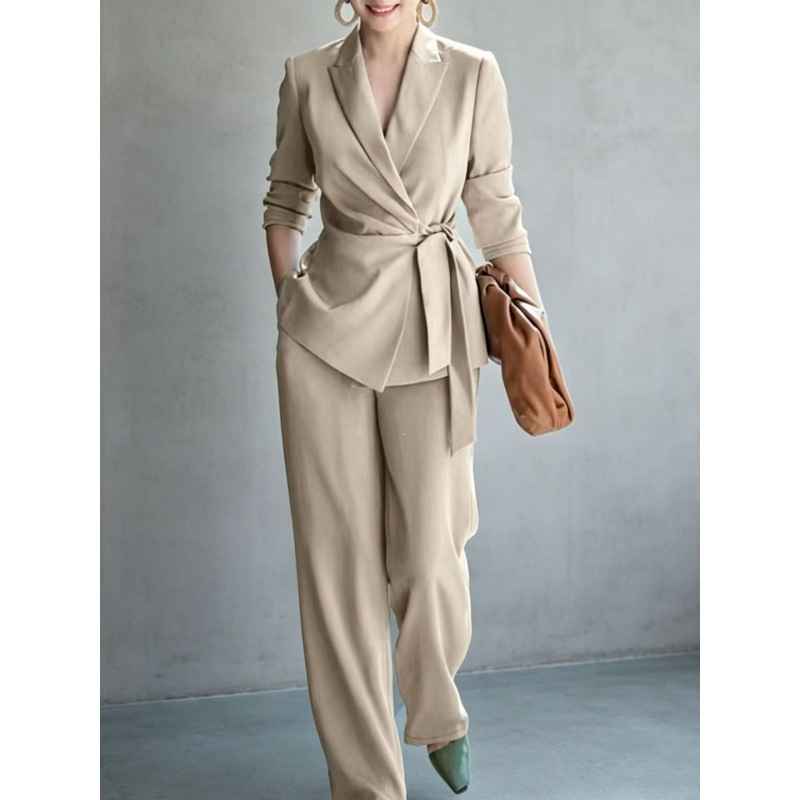 Women's casual solid color suit lace up top and pants two-piece set - MODALIFE