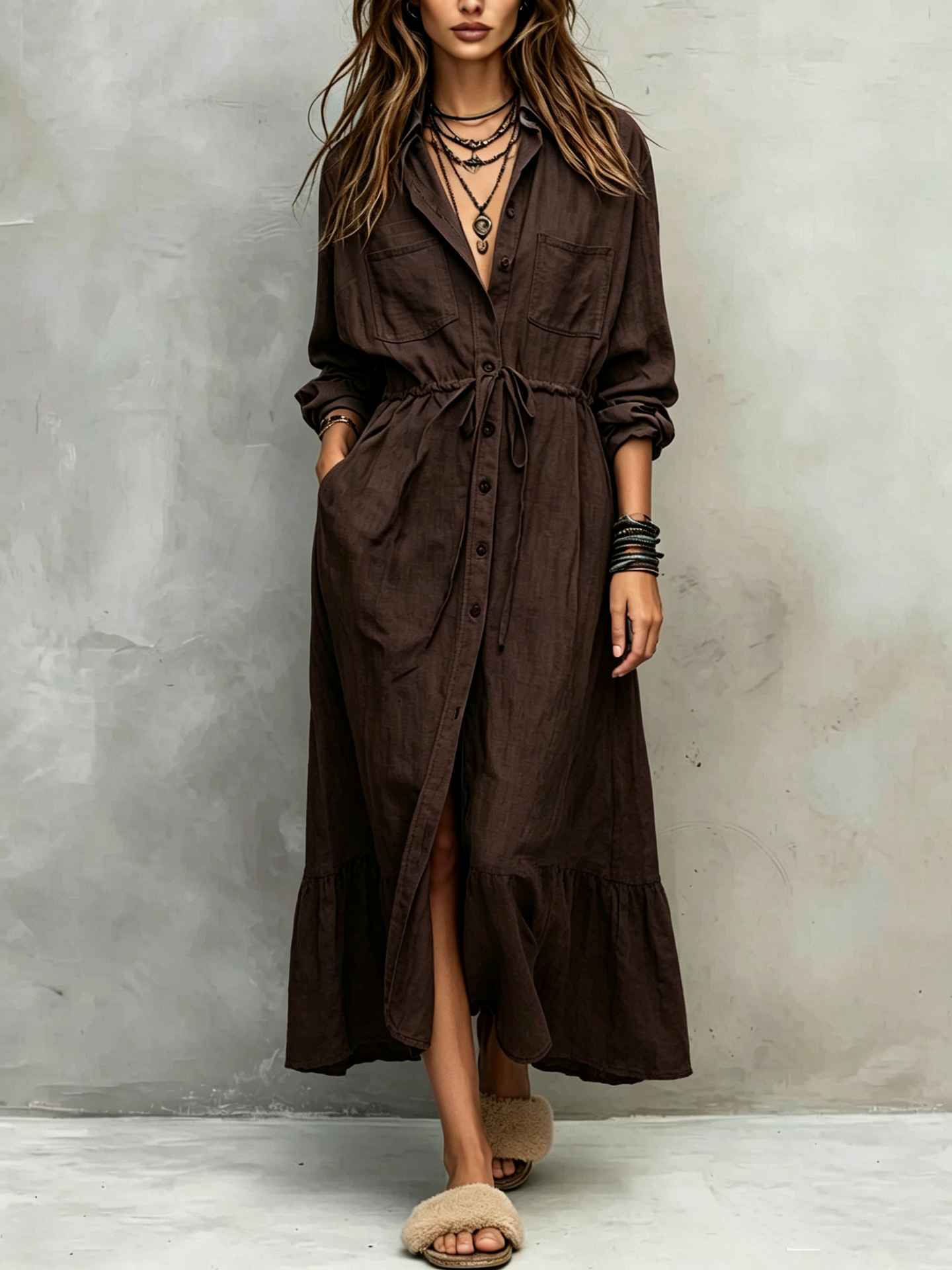 Spring and Autumn Casual Drawstring Waist Shirt Dress Loose Style for Women - MODALIFE