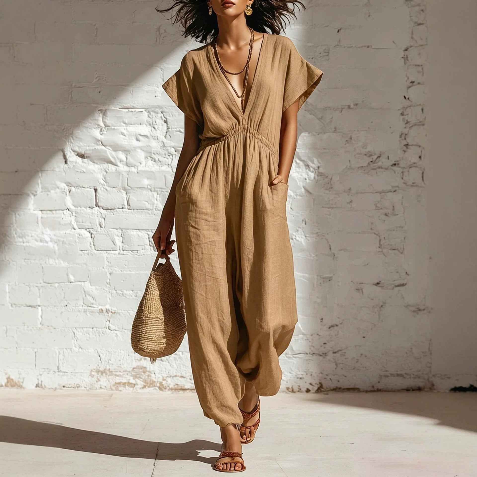 Deep V-neck loose fit pants for women - MODALIFE