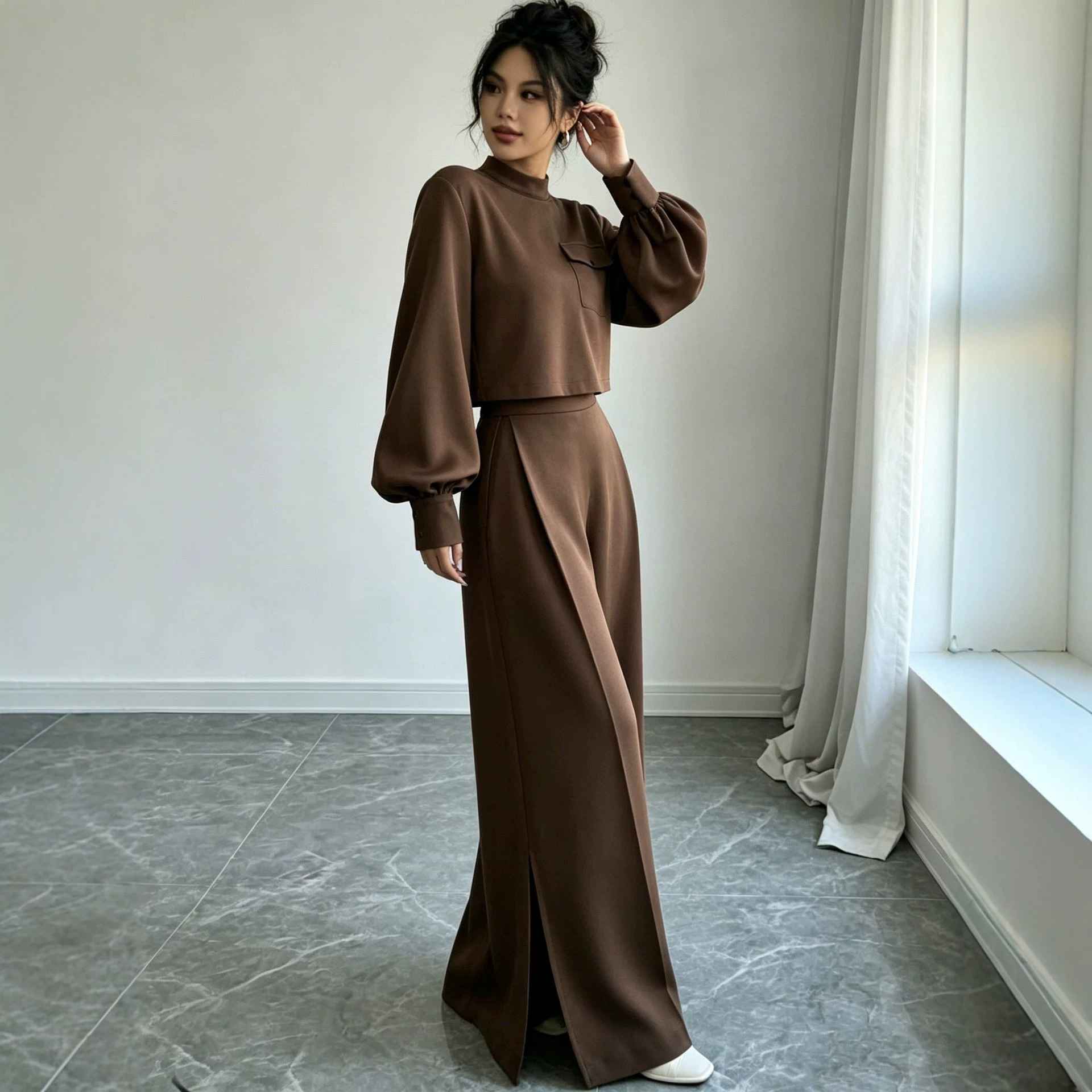 Solid color wide leg pants set for women - MODALIFE