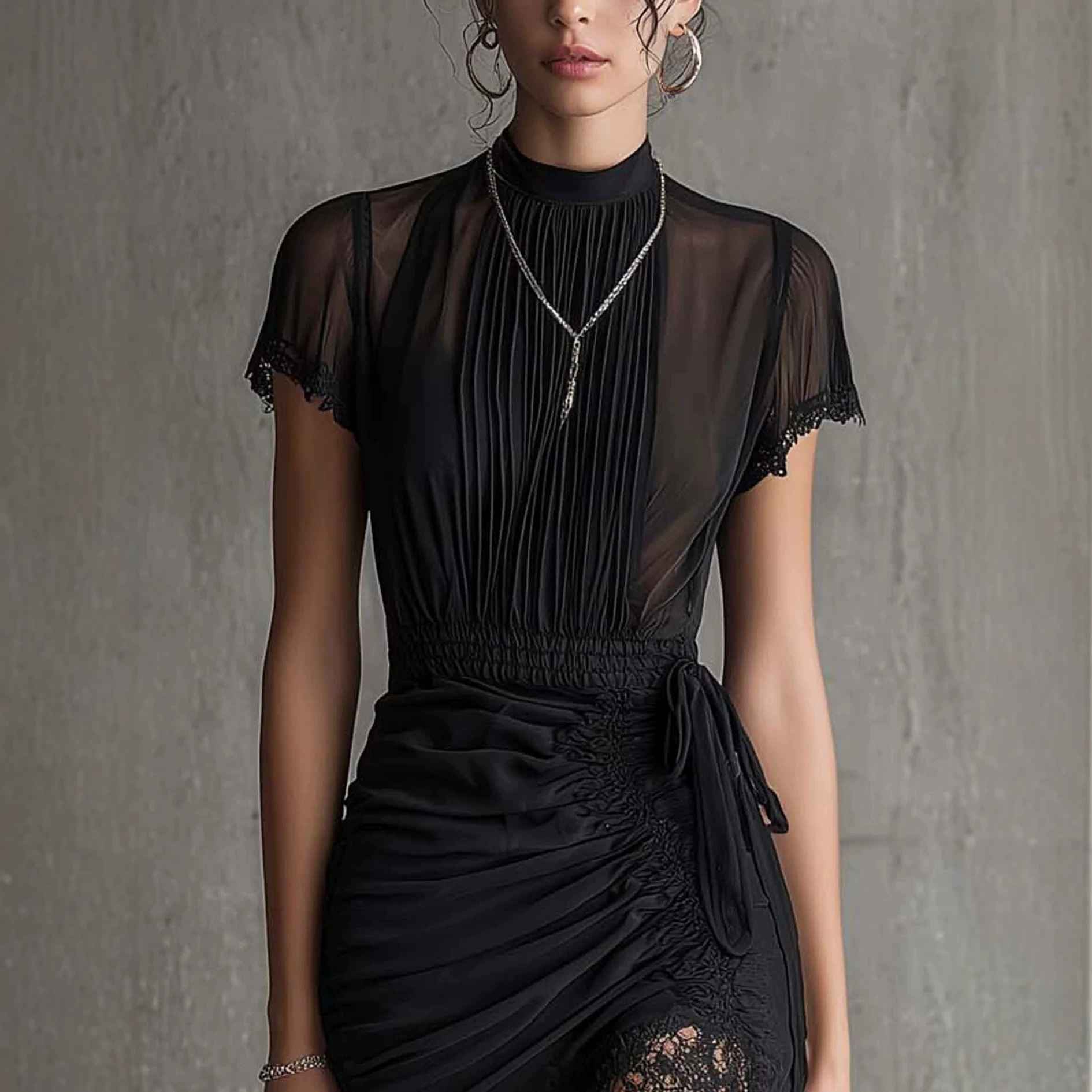 New European black see through lace patchwork dress, slim and tall, slit skirt with lace - MODALIFE