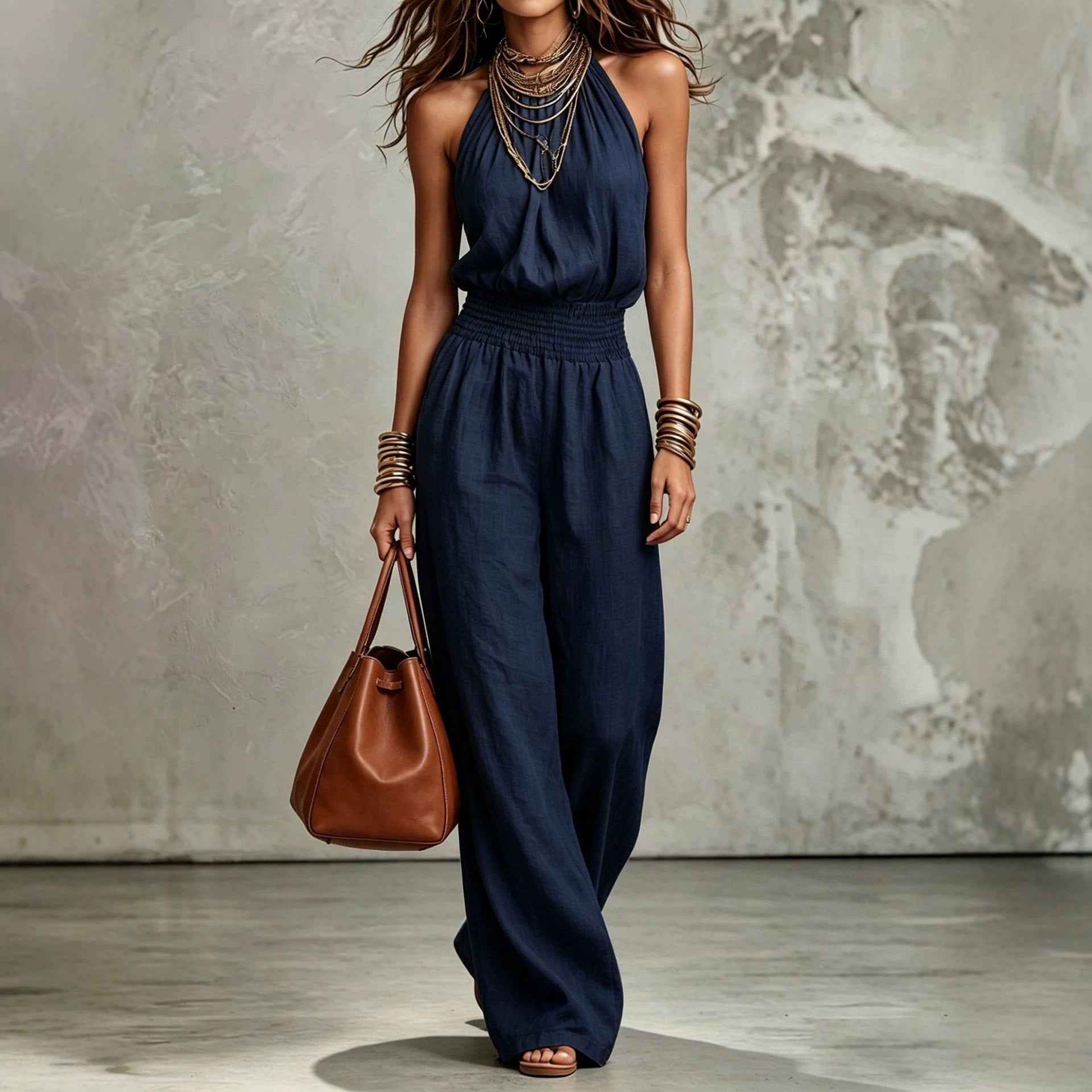 Sleeveless Backless Waist-Tie Halter Wide-Leg Jumpsuit for Women