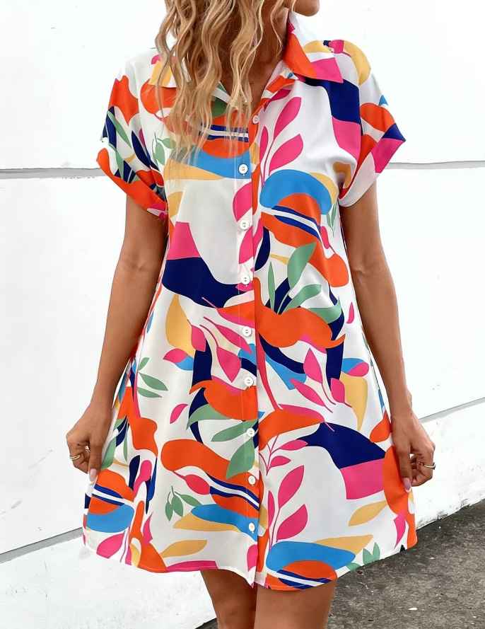 Summer New Fashion Colorful Floral Printed Open Front Short Sleeve Shirt Dress - MODALIFE