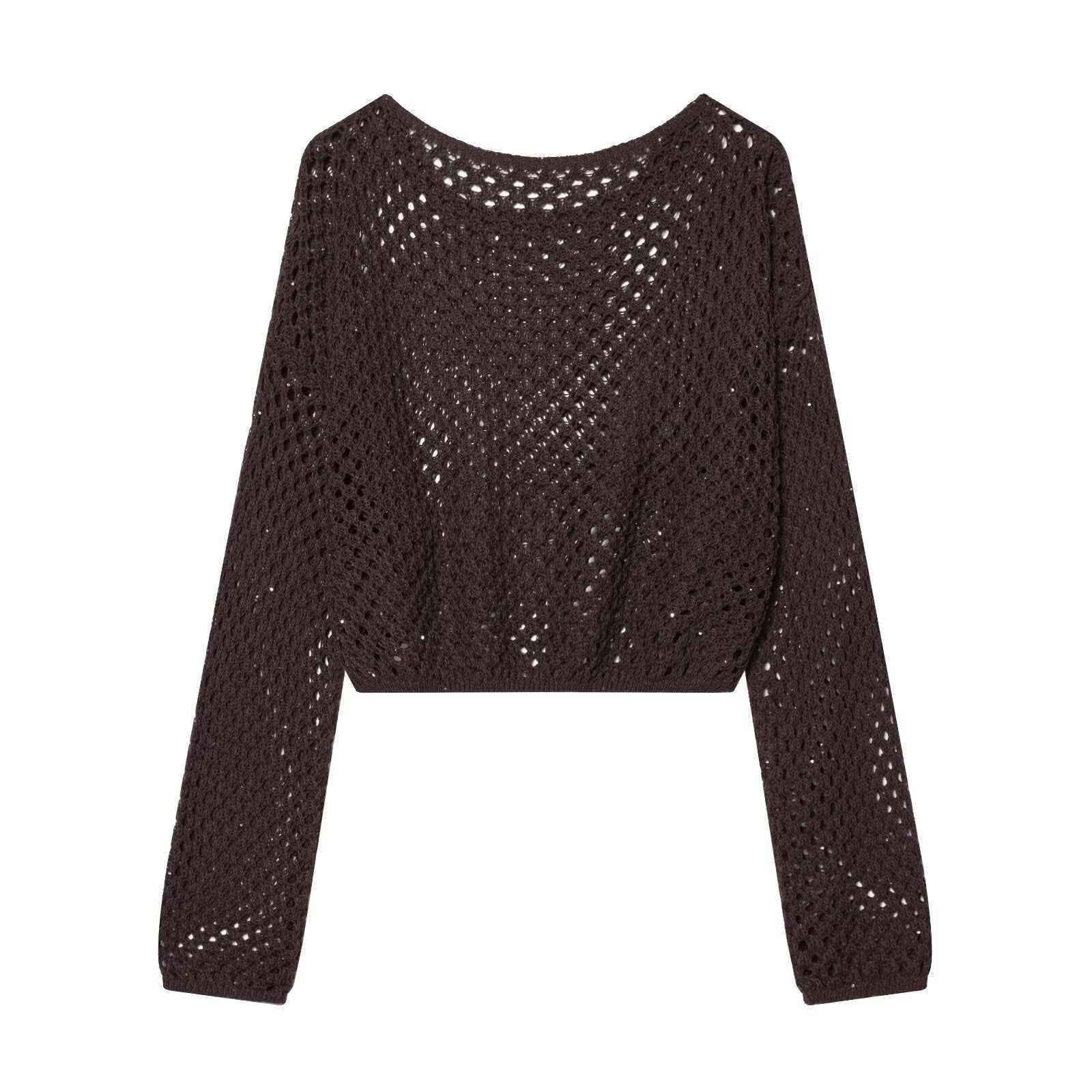 Spicy girl sequin hollow out short long sleeved knitted sweater