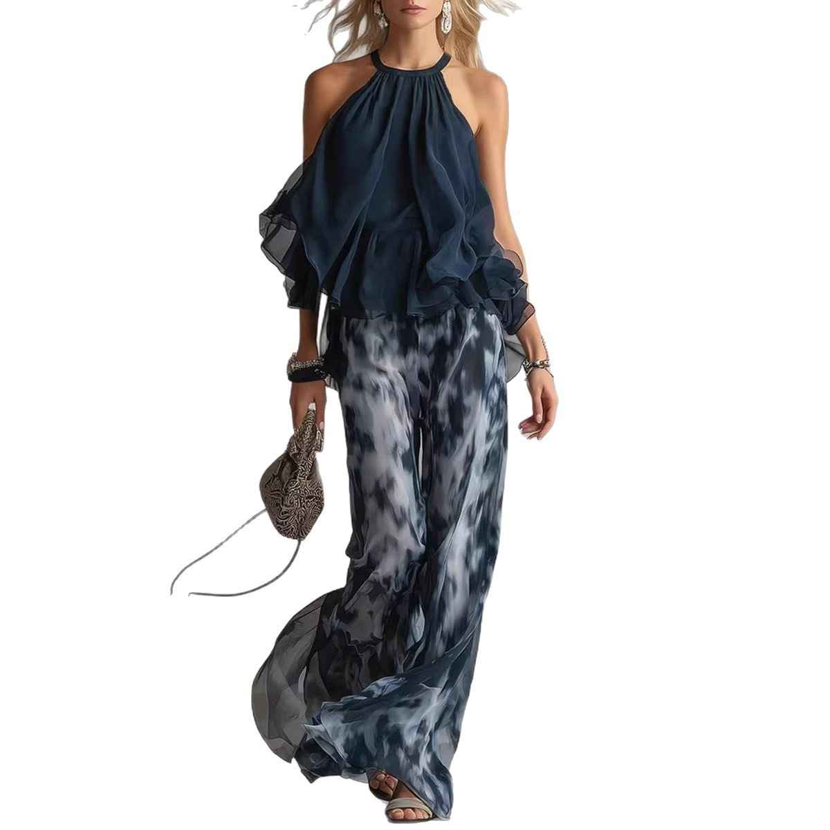 Sleeveless Halter Neck Top with Printed Wide Leg Pants Summer New Arrival - MODALIFE