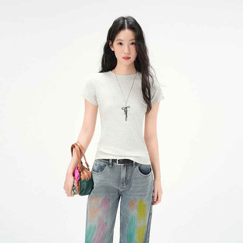 Round Neck Basic Cotton Fitted Short Sleeve T-Shirt for Women