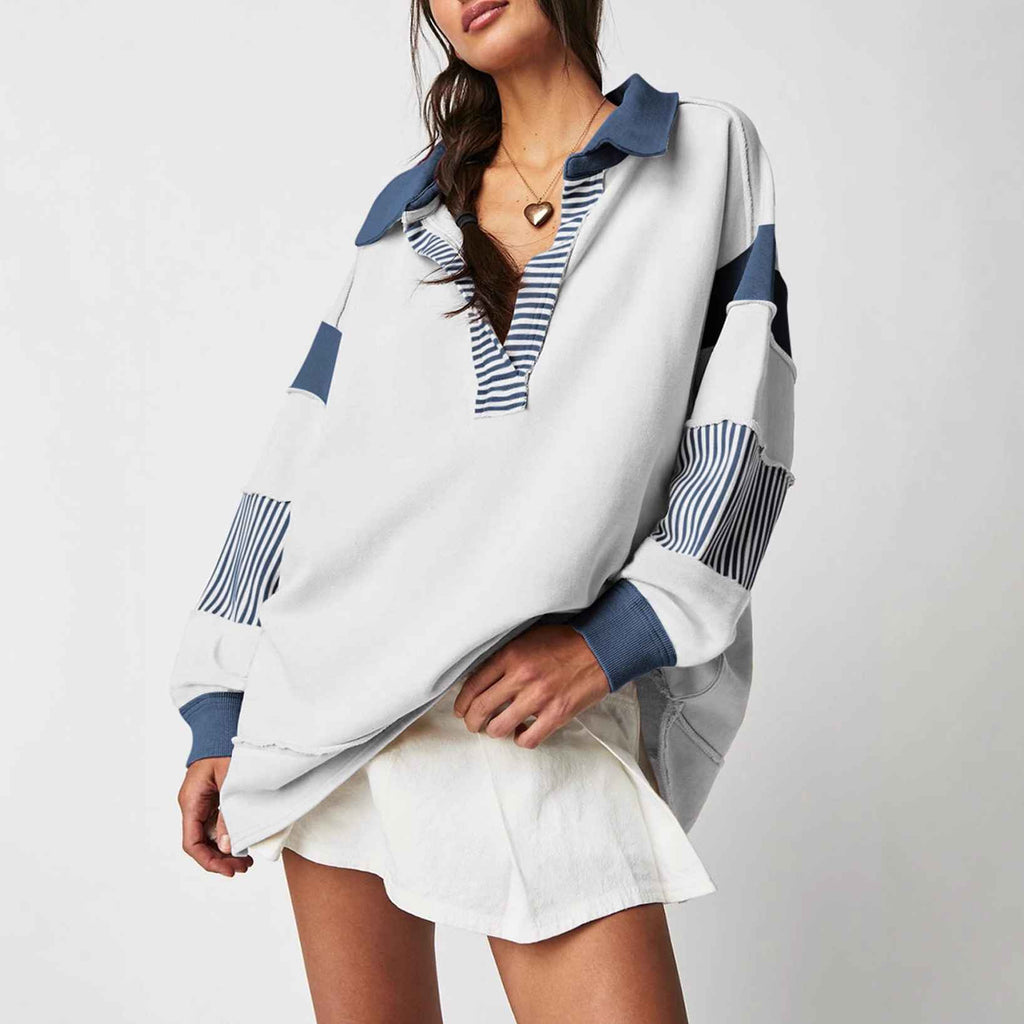 Casual Versatile Deep V-Neck Long Sleeve Loose Sweatshirt Top with Stripe Color Block Design - MODALIFE