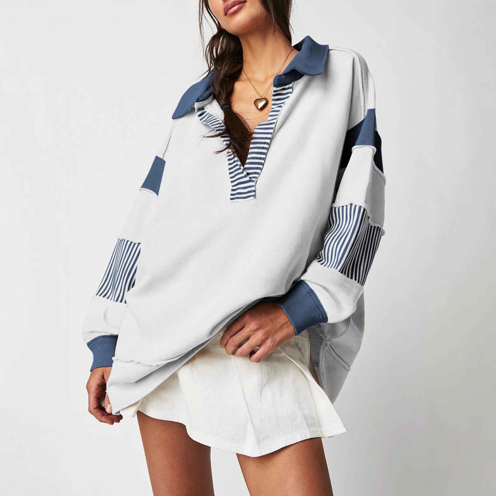 Casual Versatile Deep V-Neck Long Sleeve Loose Sweatshirt Top with Stripe Color Block Design - MODALIFE