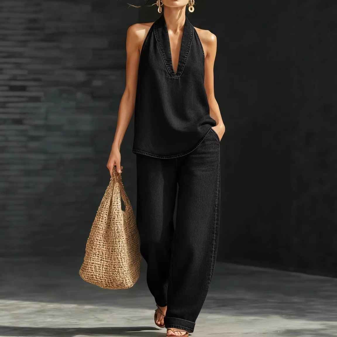 V-neck sleeveless top straight leg pants set - MODALIFE