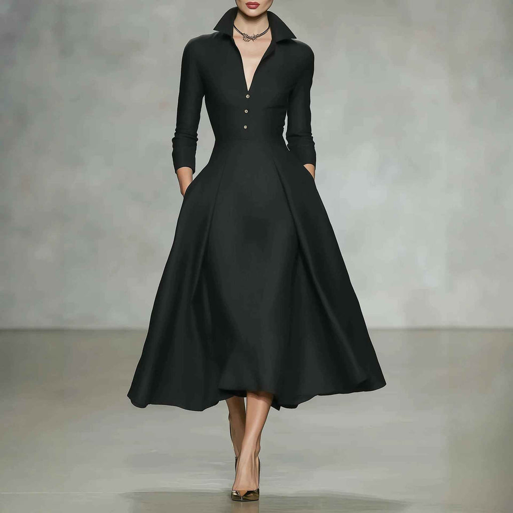 V-neck waist cinched long sleeved dress - MODALIFE
