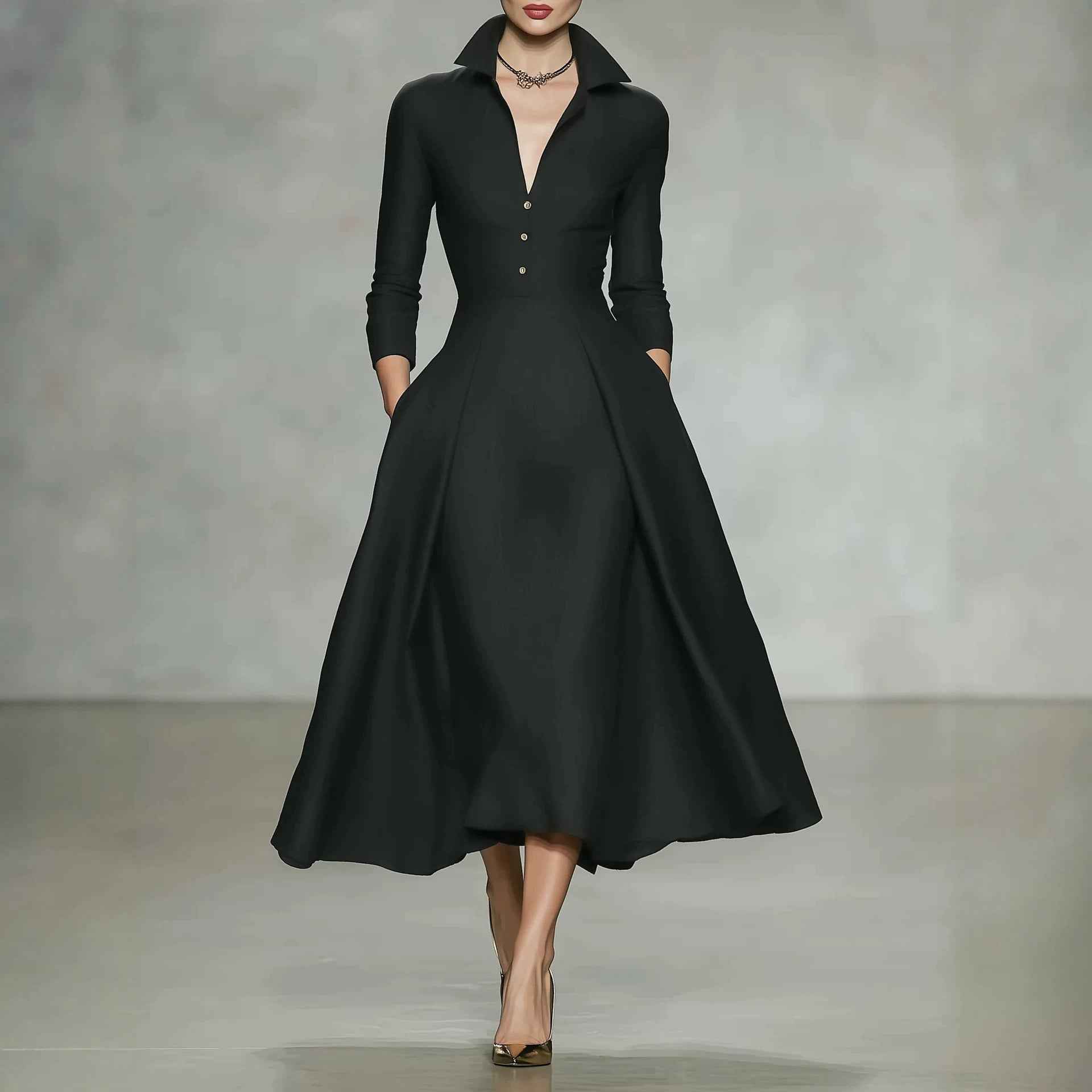 V-neck waist cinched long sleeved dress - MODALIFE