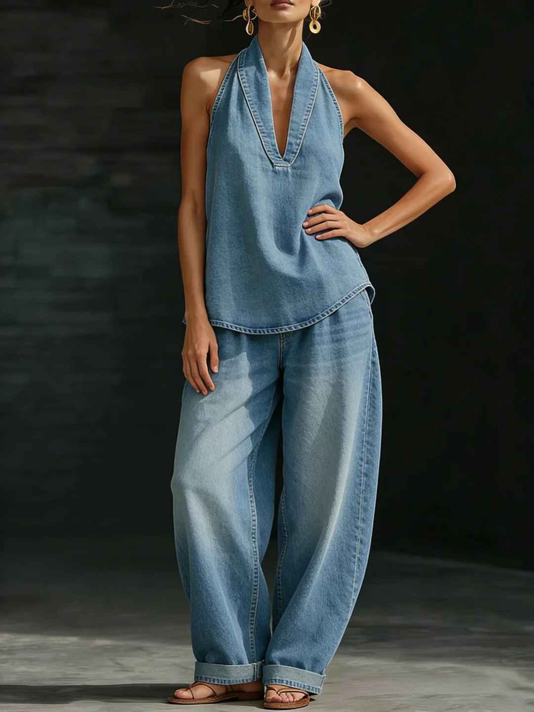 V-neck sleeveless top straight leg pants set - MODALIFE