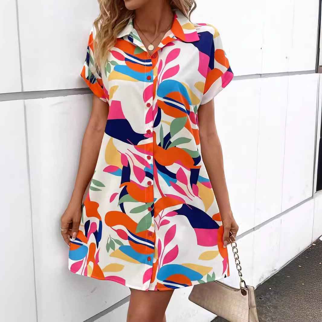 Summer New Fashion Colorful Floral Printed Open Front Short Sleeve Shirt Dress - MODALIFE