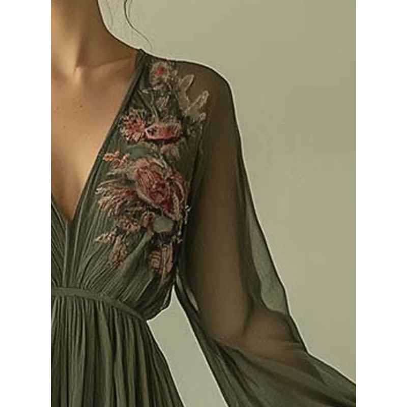 Printed long sleeved long collar dress long skirt - MODALIFE