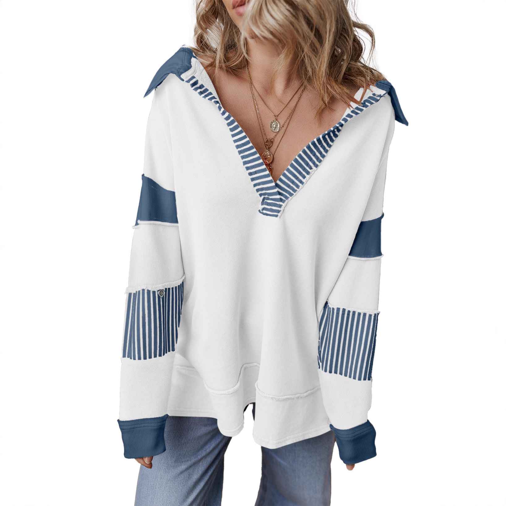 Casual Versatile Deep V-Neck Long Sleeve Loose Sweatshirt Top with Stripe Color Block Design - MODALIFE