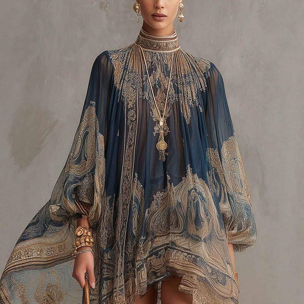 Printed Long Sleeve High Neck Loose Dress - MODALIFE