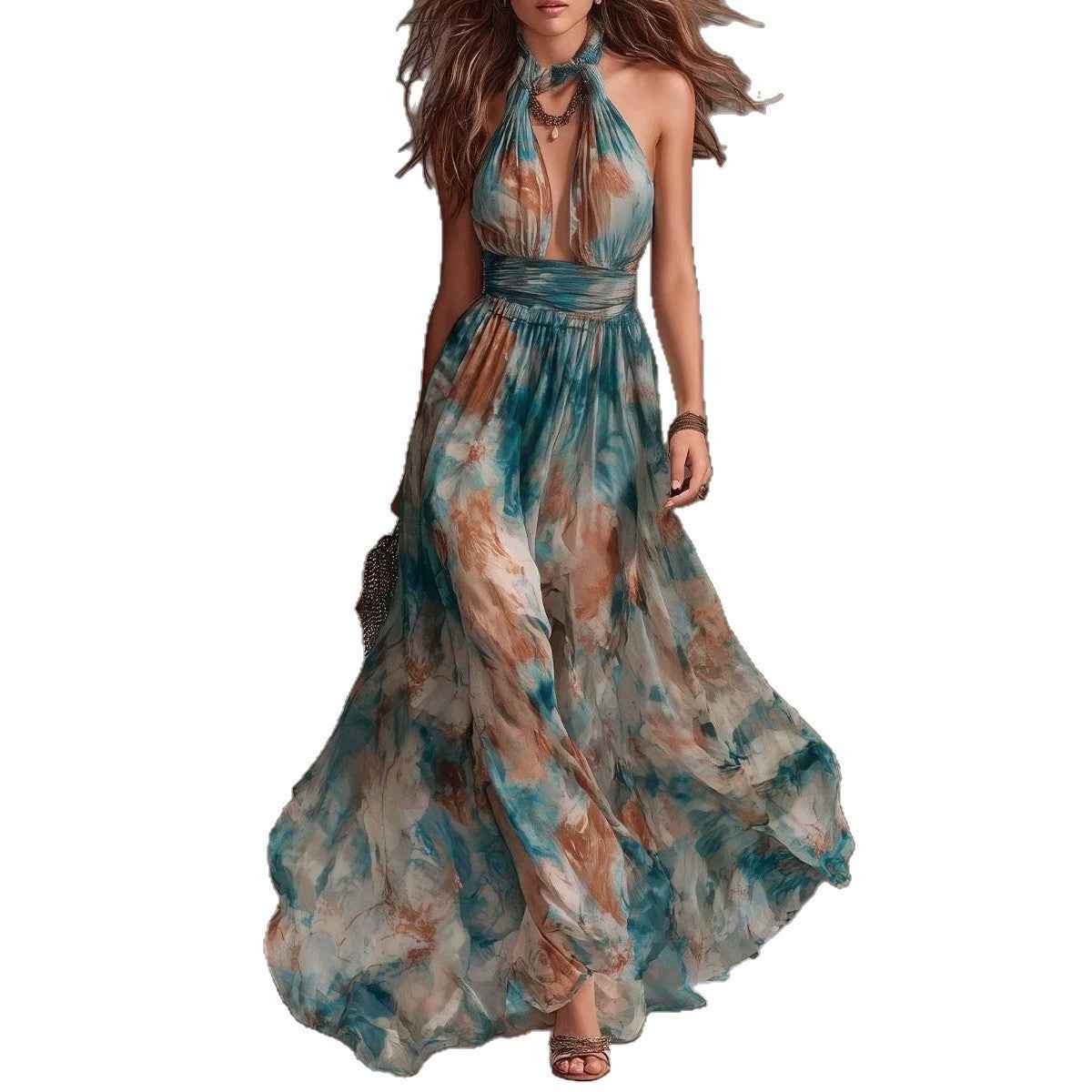 Hang Neck Backless Ink Print Vacation Style Casual Long Dress - MODALIFE