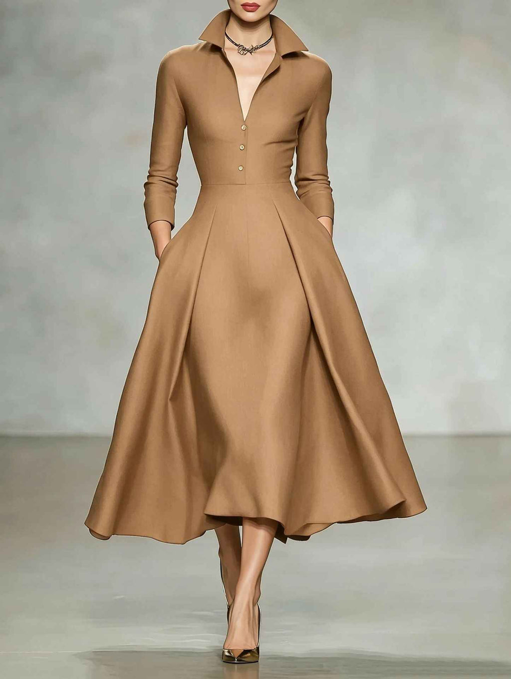 V-neck waist cinched long sleeved dress - MODALIFE