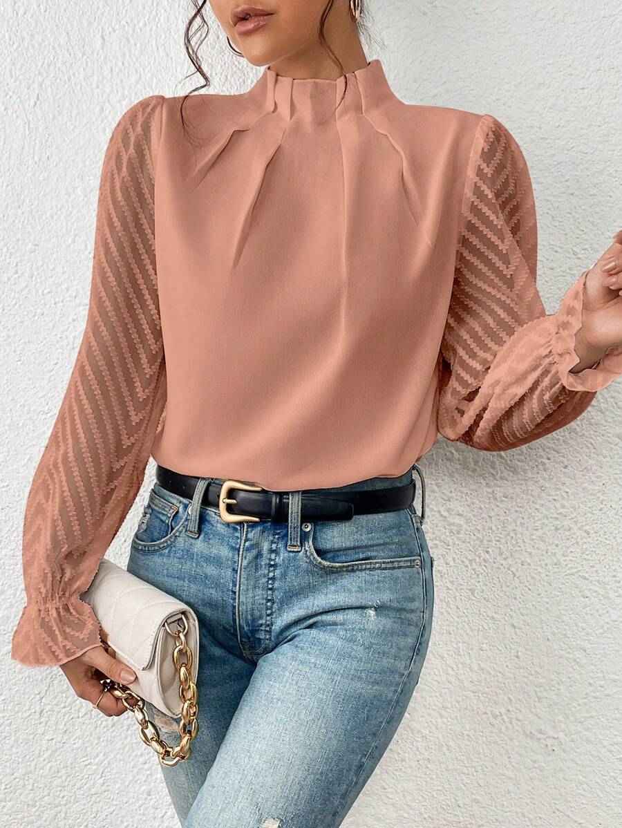 Autumn Winter New Women's High Neck Spliced Wave Pattern Chiffon Long Sleeve Top - MODALIFE
