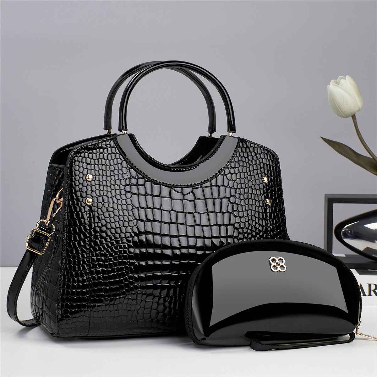 Handbag snake patterned mother and child bag shiny leather platinum bag - MODALIFE