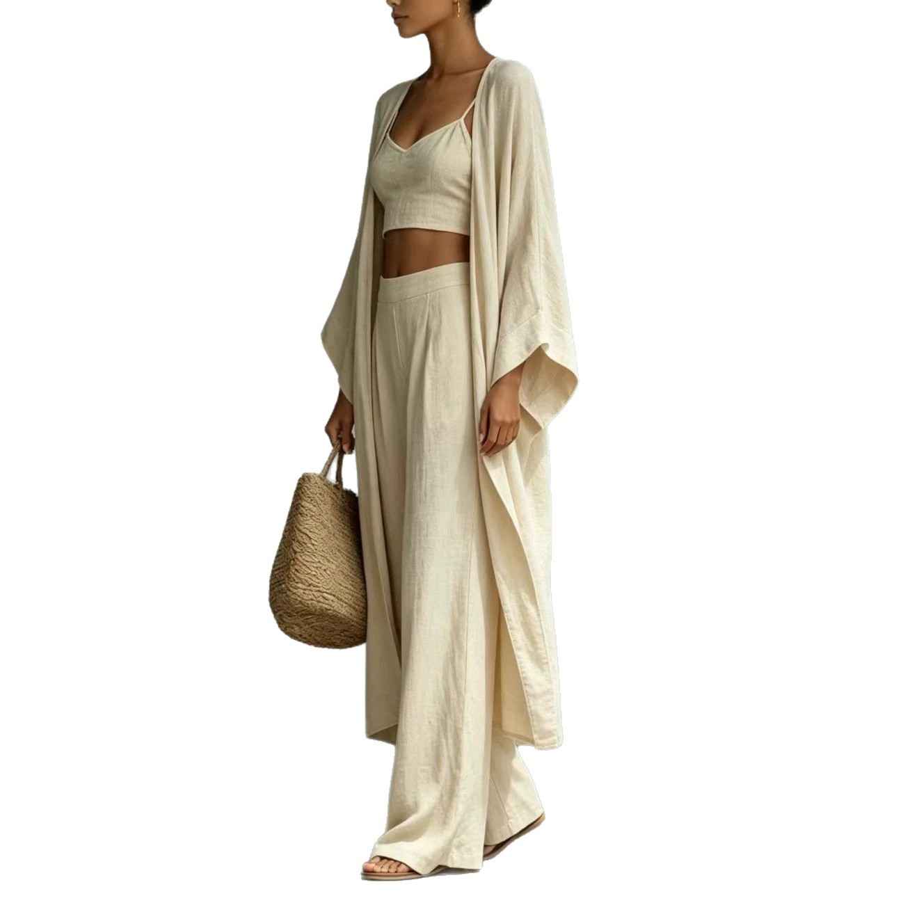 Loose cardigan short strap high waist wide leg pants set - MODALIFE