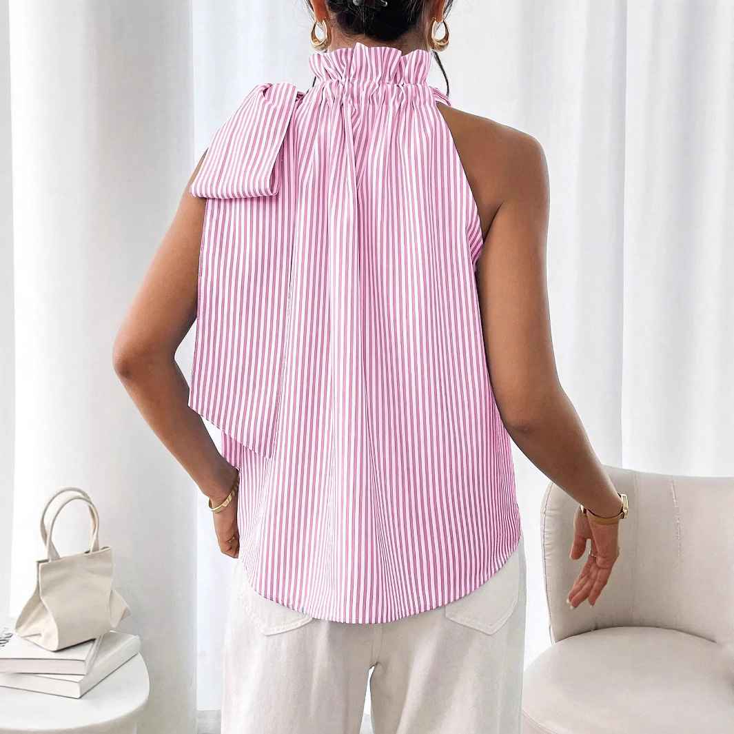 Fashionable Casual Sleeveless Striped Lace Trim High Neck Tie Knot T-Shirt Top - MODALIFE