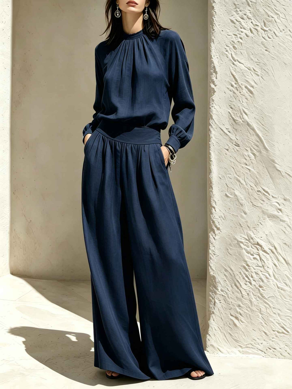 Casual Solid Color Long Sleeve Stand-up Collar Loose Fit Women's Fashion Set BlouseWide-leg Pants - MODALIFE