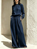 Casual Solid Color Long Sleeve Stand-up Collar Loose Fit Women's Fashion Set BlouseWide-leg Pants - MODALIFE