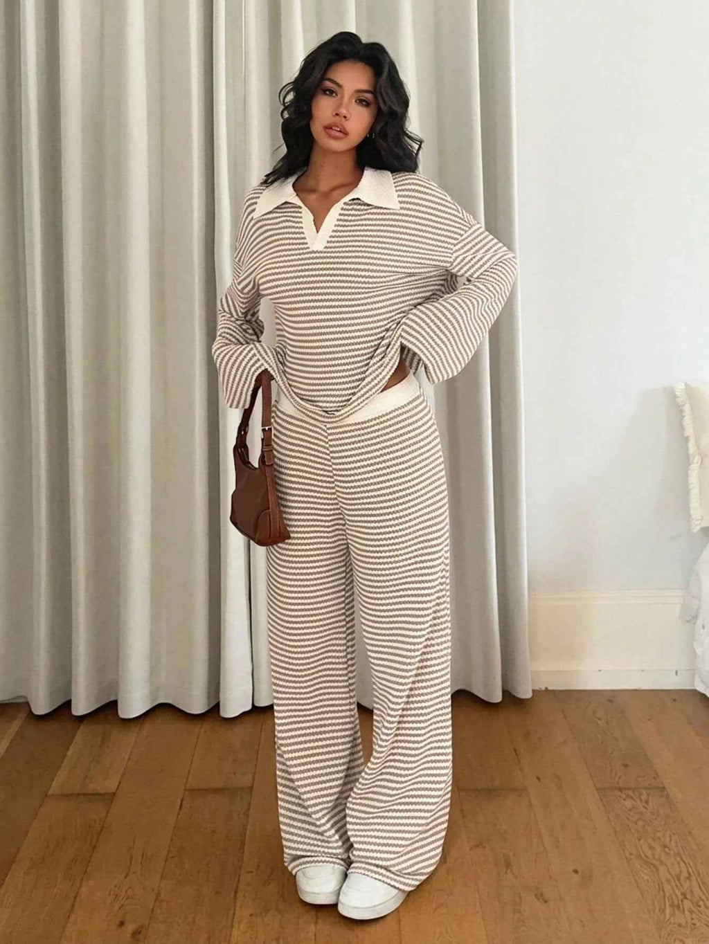 Long sleeved contrasting striped wide leg pants set - MODALIFE