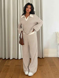 Long sleeved contrasting striped wide leg pants set - MODALIFE