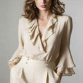 Charming Ruffle Blouse for Women, V-Neck Long Sleeve Shirt Elegant Style Feminine Top