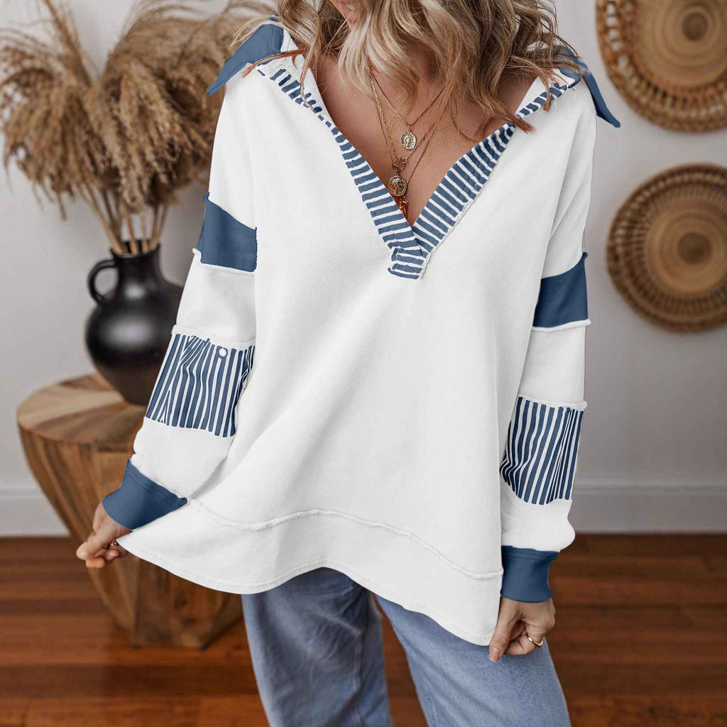 Casual Versatile Deep V-Neck Long Sleeve Loose Sweatshirt Top with Stripe Color Block Design - MODALIFE