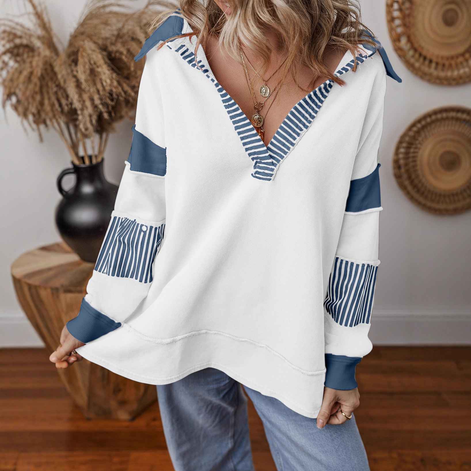 Casual Versatile Deep V-Neck Long Sleeve Loose Sweatshirt Top with Stripe Color Block Design - MODALIFE