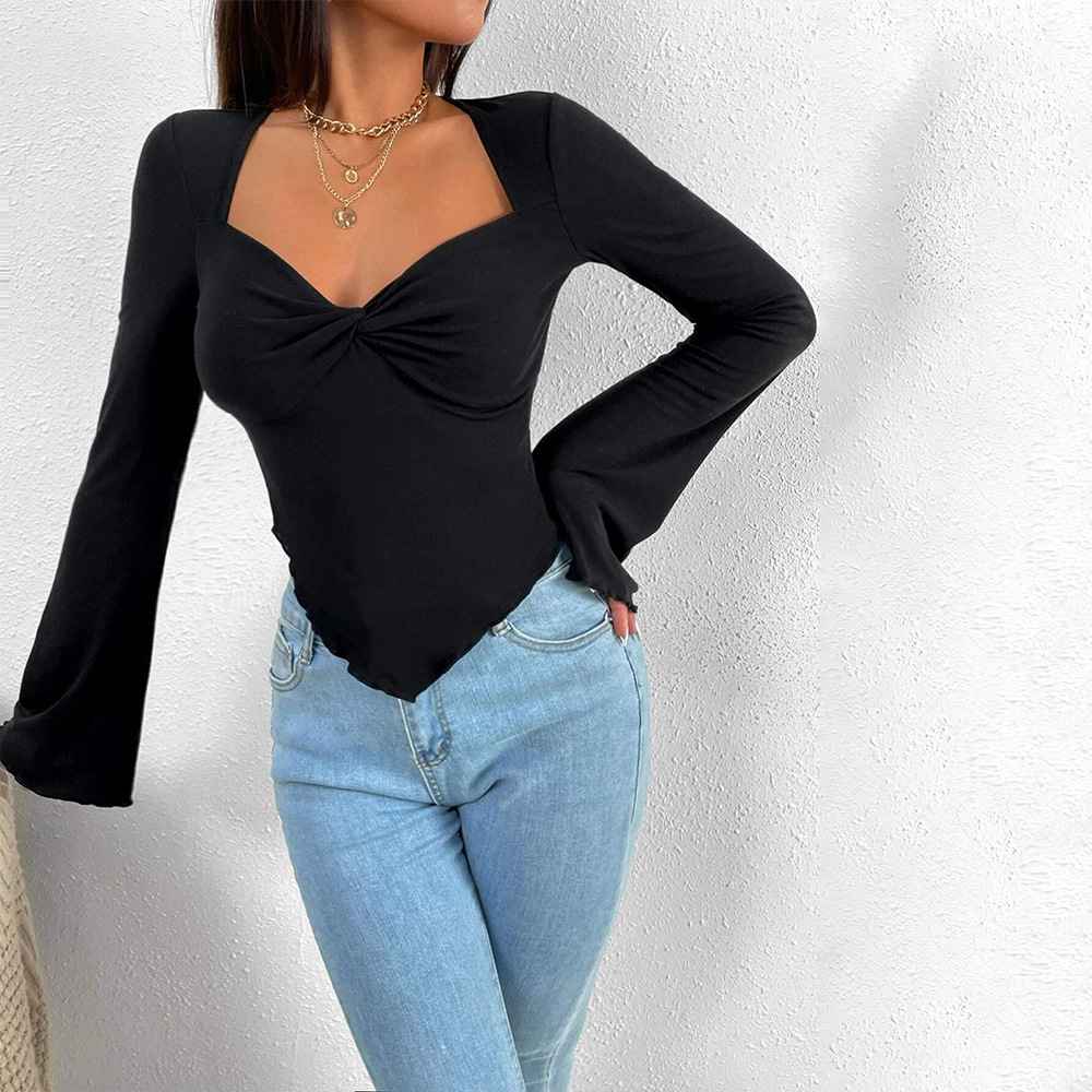 Ladies' elegant style T-shirt for spring and summer new style, slim fit short cut with slanted collar, solid color top - MODALIFE