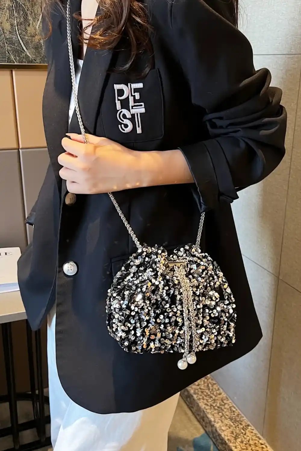 Sequin Chain Drawstring Bucket Bag - MODALIFE