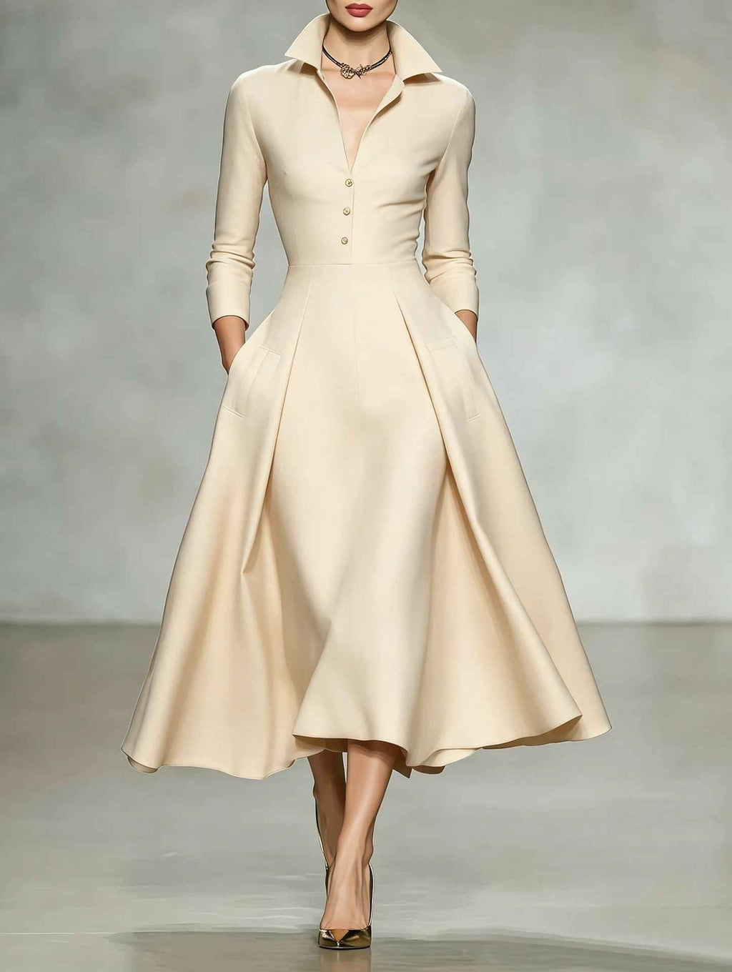V-neck waist cinched long sleeved dress - MODALIFE