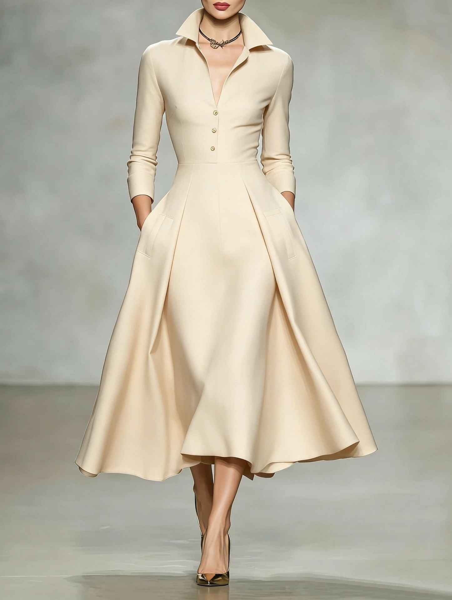 V-neck waist cinched long sleeved dress - MODALIFE