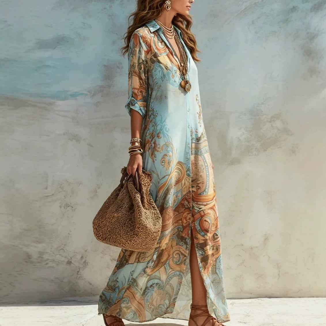 Blue Tone Printed Chiffon Turn-down Collar Split Resort Beach Dress