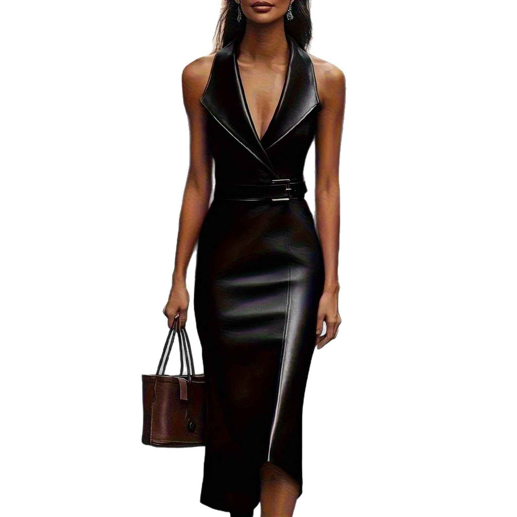 Fashion Women's Elegant Waist-Cinching Belt Irregular Fitted PU Leather Dress - MODALIFE