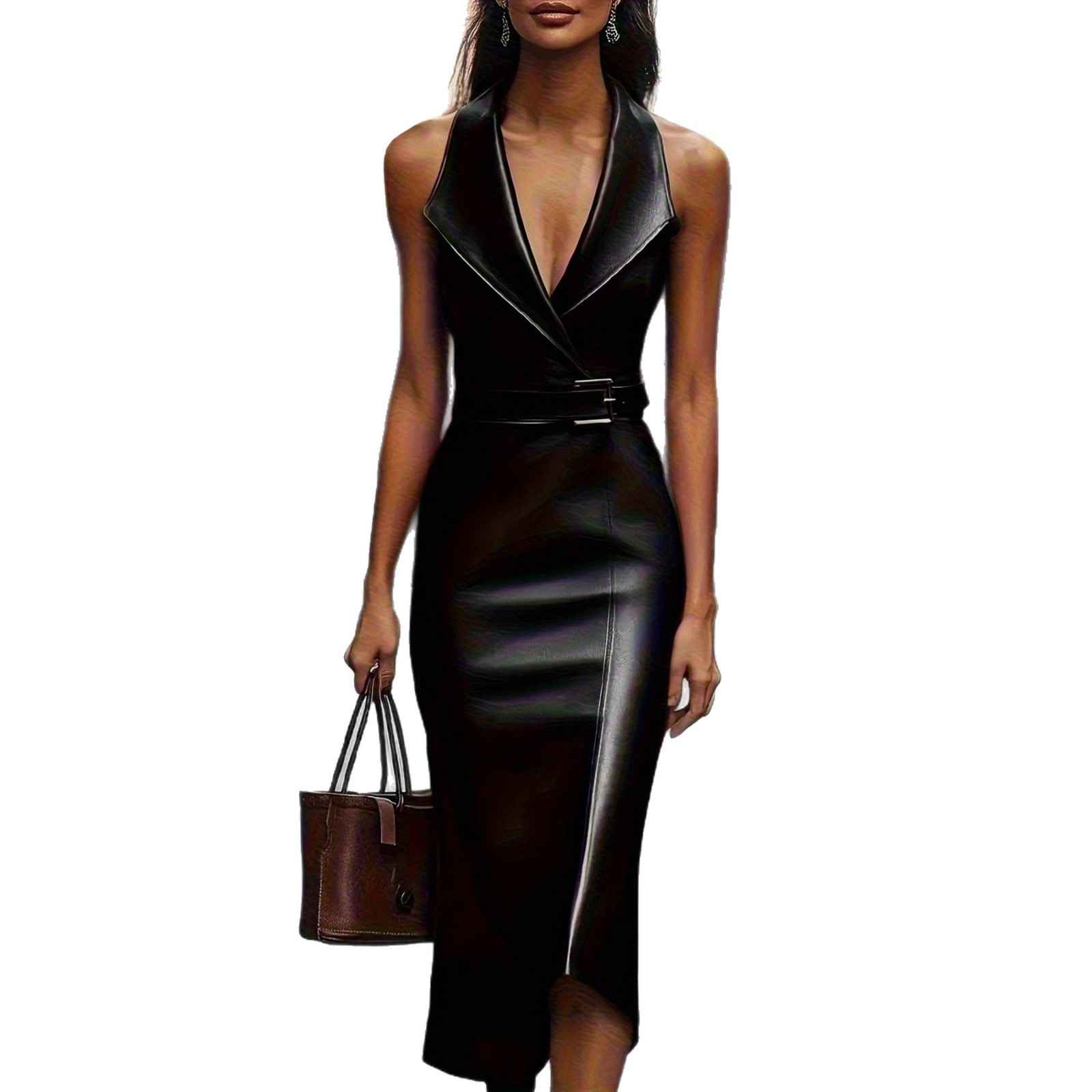 Fashion Women's Elegant Waist-Cinching Belt Irregular Fitted PU Leather Dress - MODALIFE